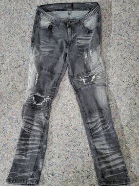 Bleecker & Mercer Jeans slim taper fit 30 x 32 mens gray wash heavily distressed